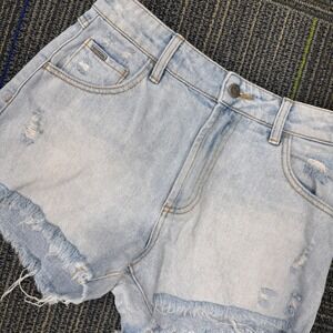 RVCA Denim Shorts Womens 25 Light Blue Excellent Distressed High Rise Raw Hem